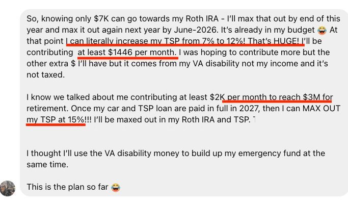 Student message: her plan to max out her Roth IRA and TSP