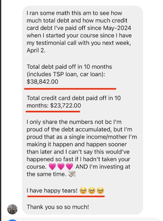 Student message: total credit card debt paid off