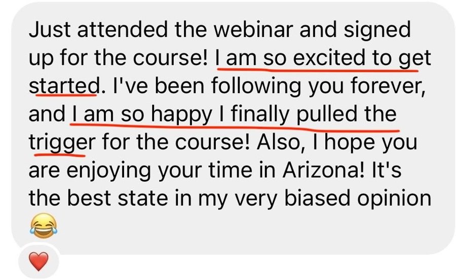 Student message: just attended the webinar and signed up for the course
