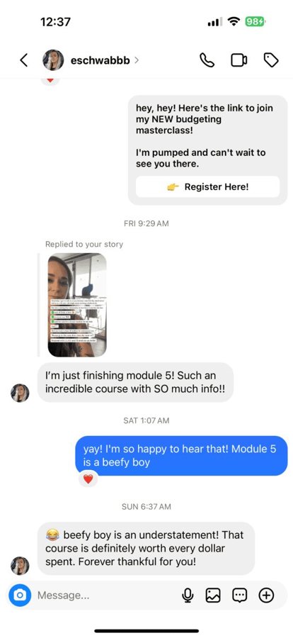 Student DM thread about her investing wins
